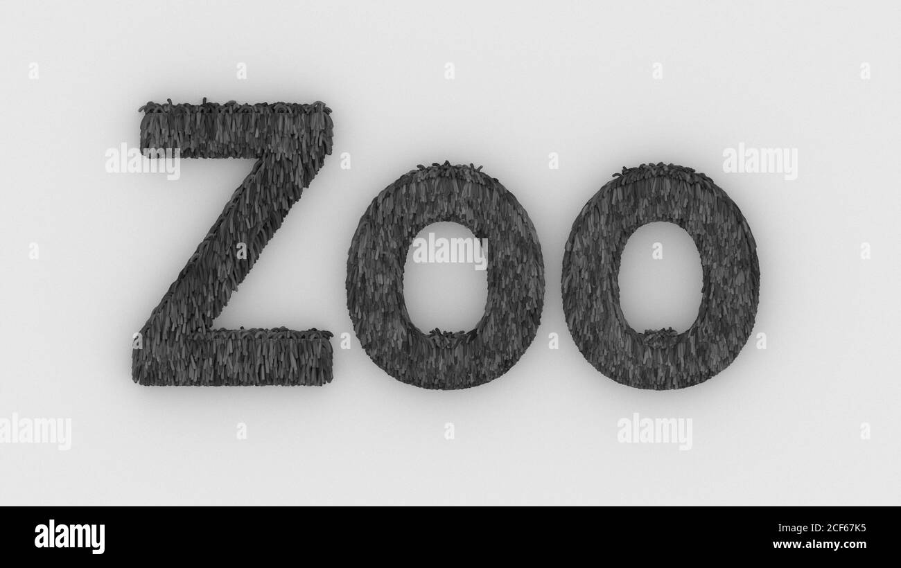 Zoo - mot 3d gris sur fond blanc. Rendu des lettres furry. Animaux sauvages du zoo, animaux au parc safari. Modèle de logo emblème. Animaux du zoo et FO Banque D'Images