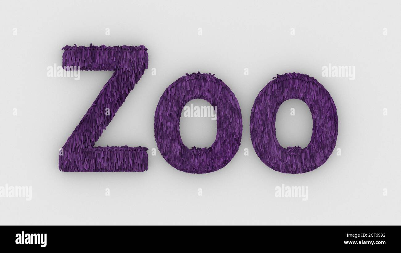 Zoo - mot 3d violet sur fond blanc. Rendu des lettres furry. Animaux sauvages du zoo, animaux au parc safari. Modèle de logo emblème. Animaux du zoo et Banque D'Images