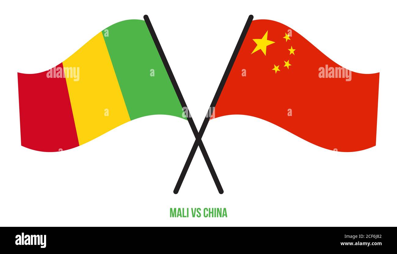 Mali et Chine les drapeaux ont croisé et agitant le style plat. Proportion officielle. Couleurs correctes. Illustration de Vecteur