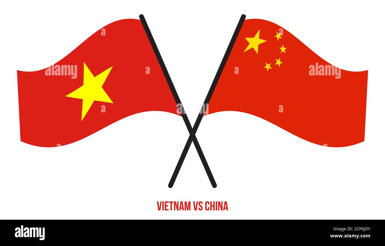 Vietnam et Chine les drapeaux ont croisé et agitant le style plat. Proportion officielle. Couleurs correctes. Illustration de Vecteur