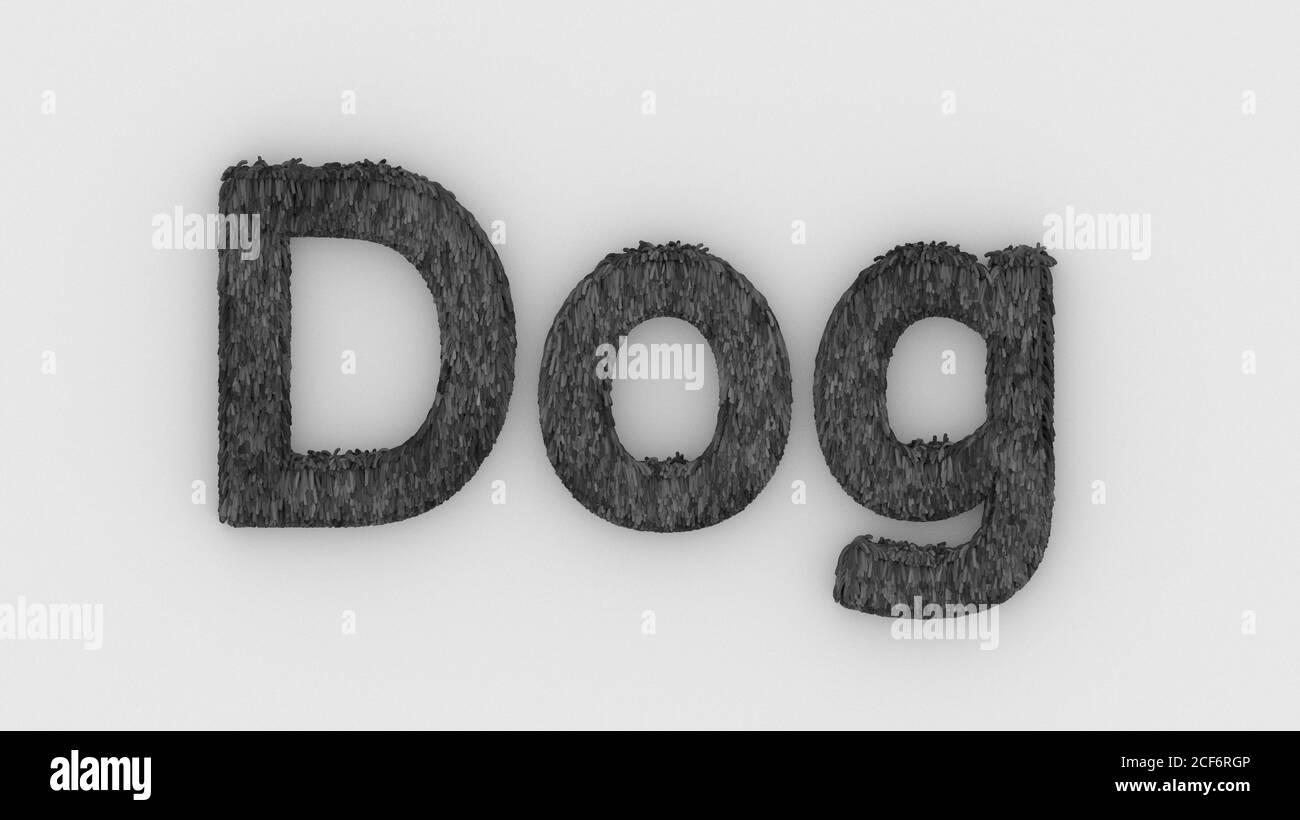 Chien - mot 3d gris sur fond blanc. Rendu des lettres furry. Cheveux. fourrure pour animaux. Boutique pour animaux, maison pour animaux, modèle de logo d'emblème pour animaux de compagnie. Vétérinaire Banque D'Images