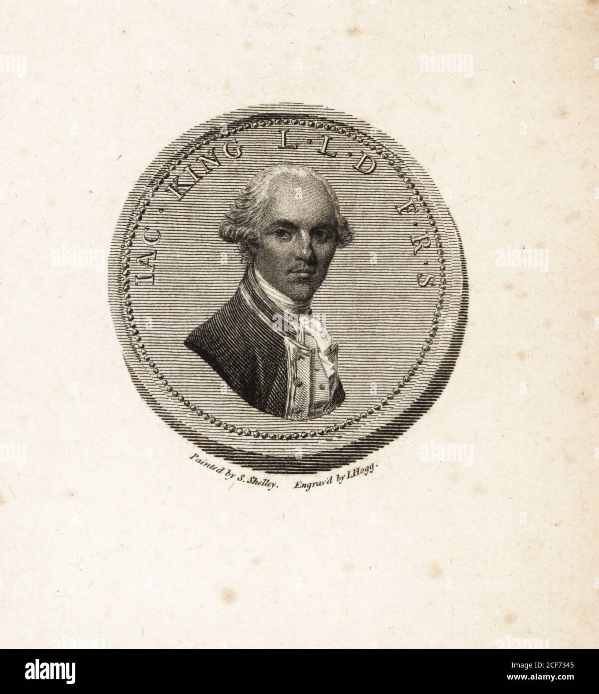 Portrait du capitaine James King d'une médaille. Dans une perruque et un uniforme naval de coucou doré. King (1750-1784) était officier de marine et servit avec James Cook lors de son troisième et dernier voyage. IAC King LLD FRS. Fellow de la Royal Society, LLD Trinity College, Dublin. Gravure sur plaque de coperplate par James Hogg d'après un portrait de Samuel Shelley, Londres, Angleterre, vers 1785. Banque D'Images