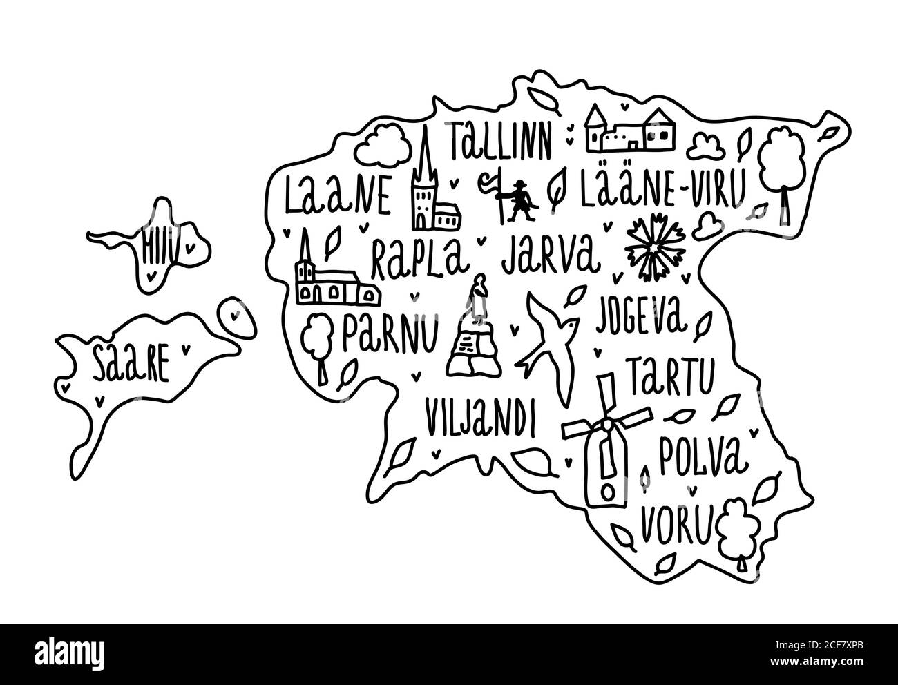 Carte de l'Estonie de doodle dessinée à la main. Estonian City names lettering et dessins animés points d'intérêt, attractions touristiques. Voyage, bannière concept design Illustration de Vecteur