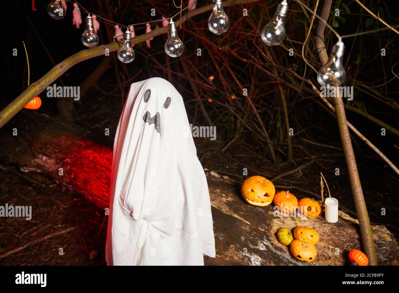 Portrait de l'enfant en costume fantôme à Halloween partie à l'extérieur dans la soirée Banque D'Images