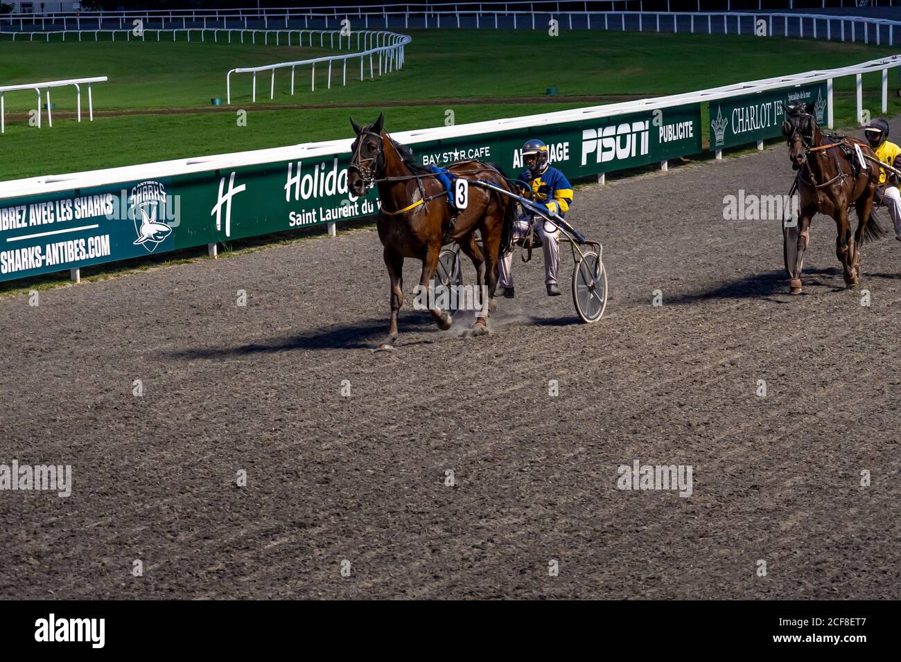 Antibes, France. 17.08.2020 chevaux trotter race en mouvement sur l'hippodrome. Courses hippiques. Sport européen traditionnel. Banque D'Images