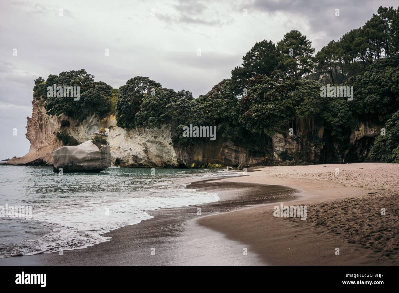 Paysage de plage de sable et de vagues de l'océan à côté des falaises tropicales Surcultivé avec de la verdure le jour nuageux à la péninsule de Coromandel dans Nouvelle-Zélande Banque D'Images