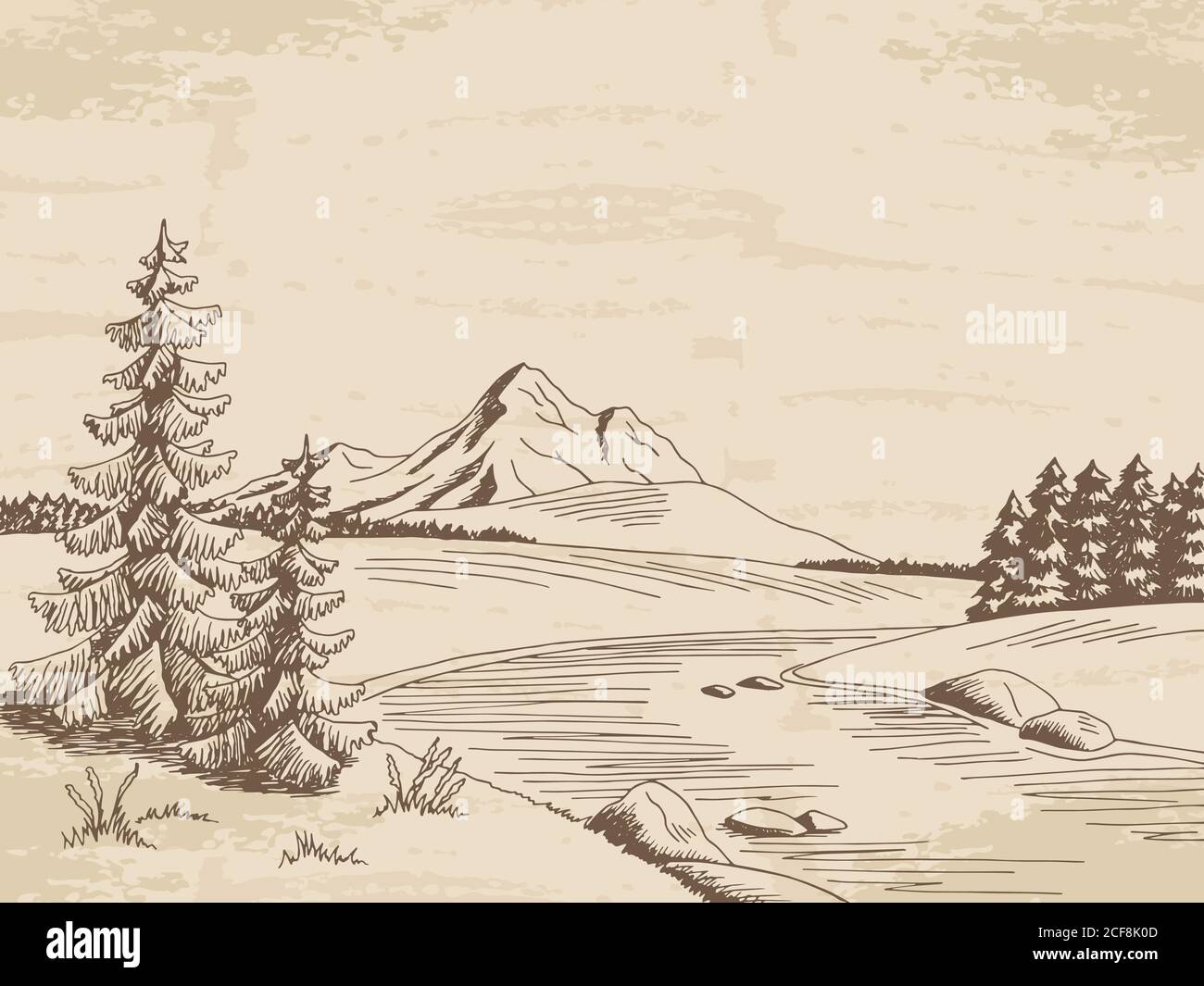 Mountain River graphique esquisse paysage illustration vecteur Illustration de Vecteur