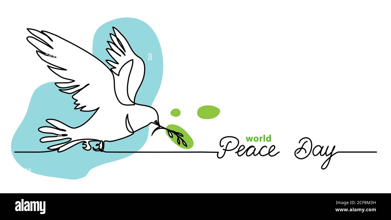 Journée mondiale de la paix arrière-plan minimal, bannière web avec colombe blanche, pigeon et branche d'olive. Un arrière-plan de dessin de ligne continue avec le lettrage Peace Illustration de Vecteur