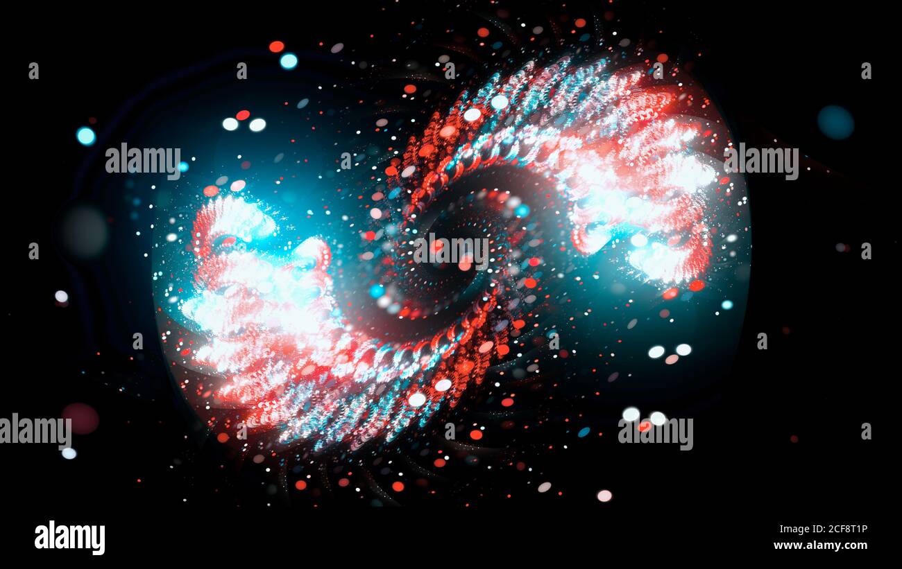 Spirale lumineuse colorée dans l'espace avec particules, arrière-plan abstrait généré par ordinateur, rendu 3D Banque D'Images