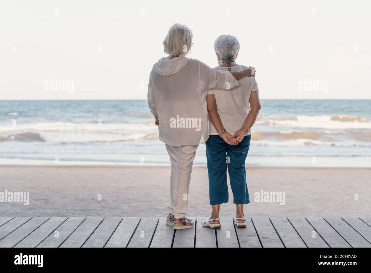 Vue arrière paisible mature femmes aux cheveux blancs amis embrassant sur la plage et regarder la mer en été tout en se souvenant de vieux fois Banque D'Images