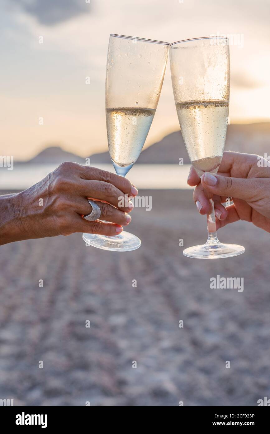 mère et fille méconnaissables se réglassant des gobelets de vin et proposant toast tout en célébrant la réunion de famille sur la plage de sable en soirée Banque D'Images