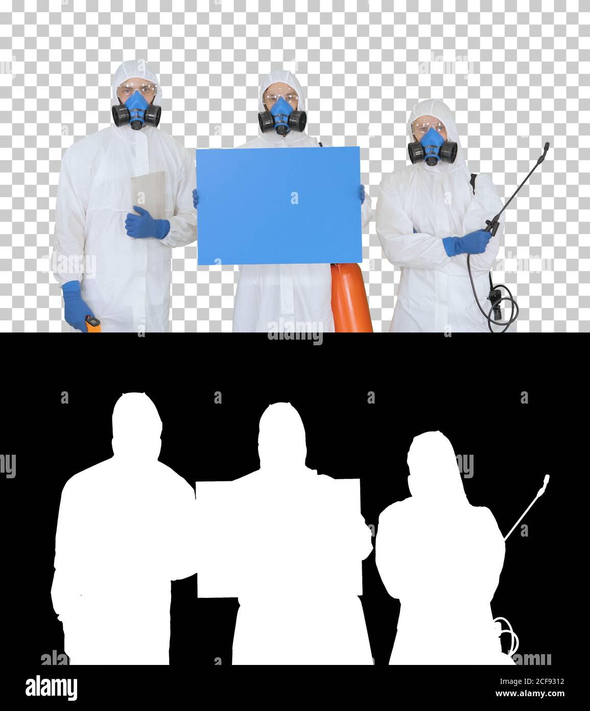 Groupe d'épidémiologistes en uniforme de protection tenant blanc pla Banque D'Images