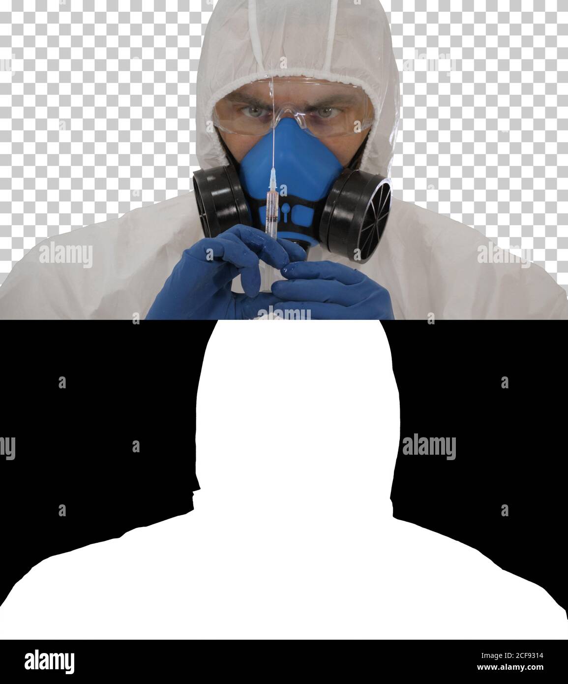 Recherche médicale, vaccin contre le coronavirus UN homme dans une combinaison protectrice Banque D'Images
