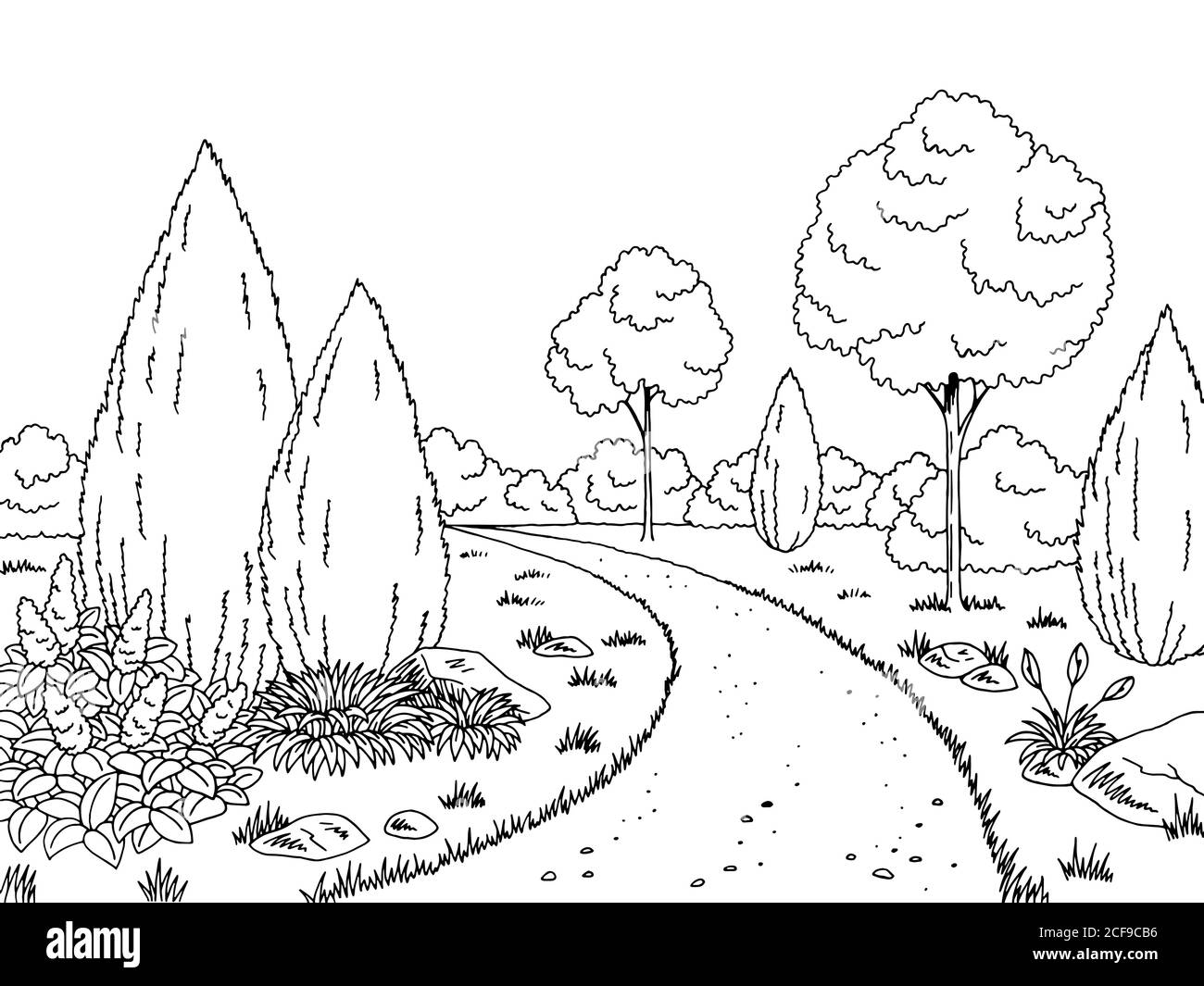 Graphique de jardin noir blanc paysage dessin vecteur d'illustration Illustration de Vecteur