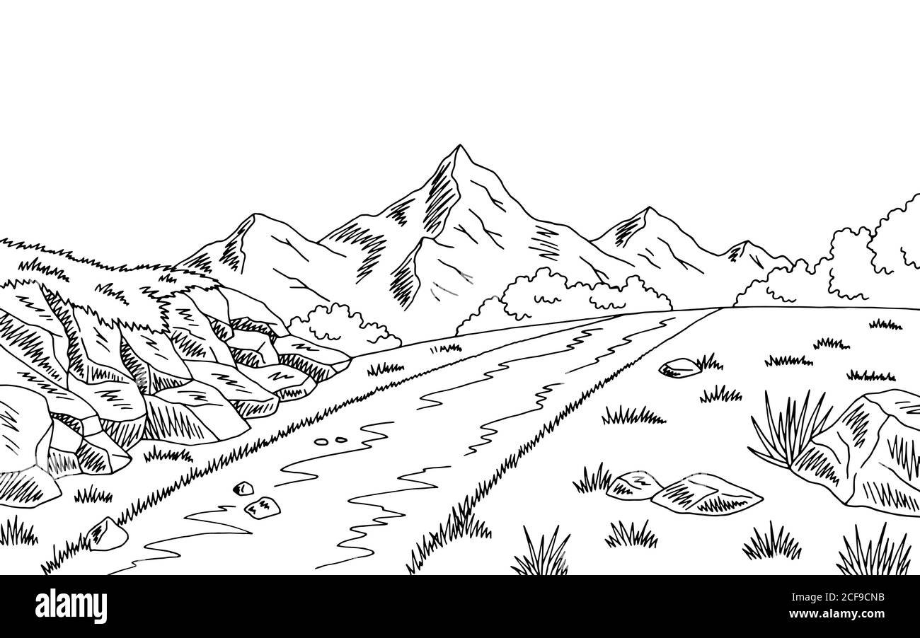 Schéma de route de montagne noir blanc paysage dessin vecteur d