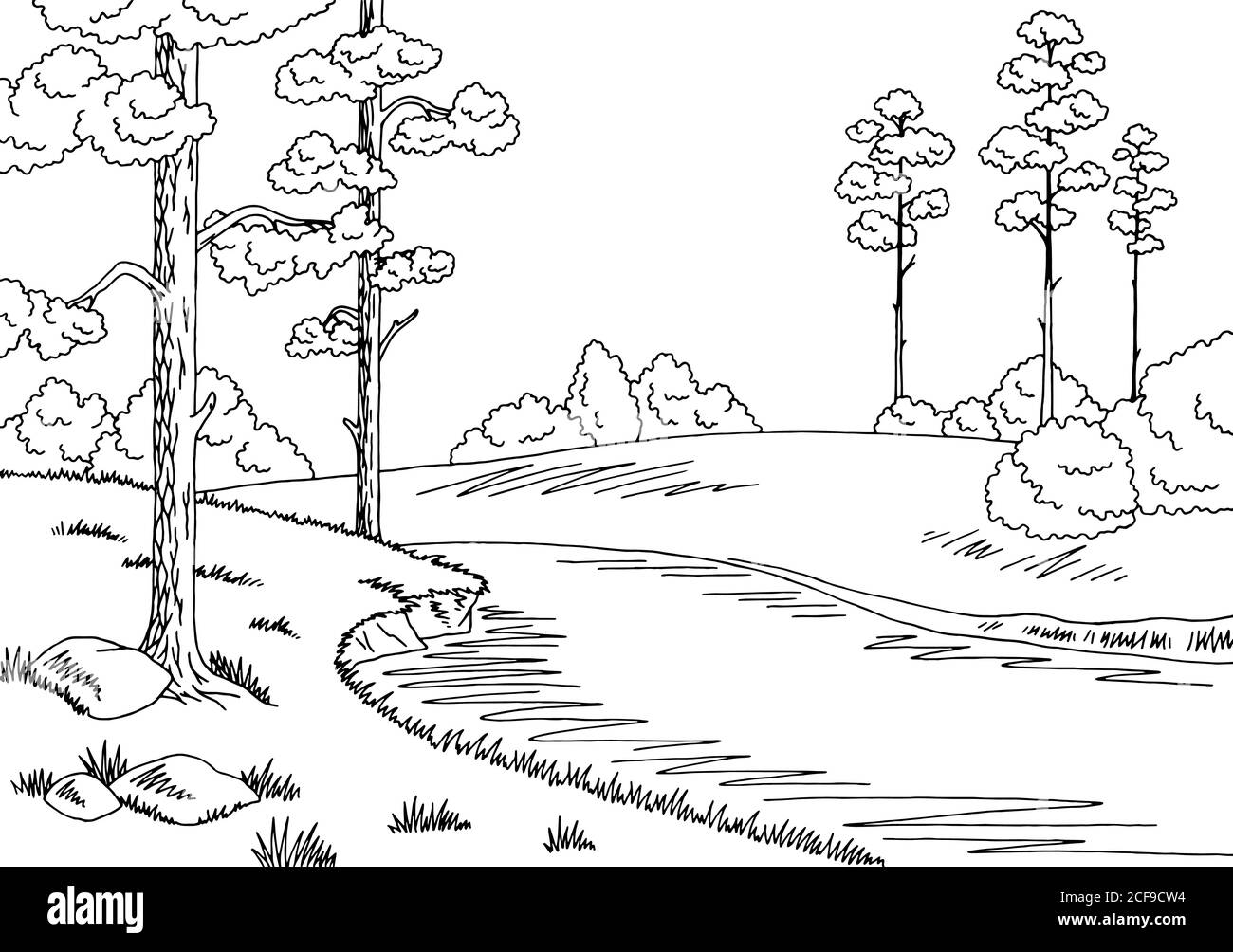 Forêt rivière graphique noir blanc paysage dessin illustration vecteur Illustration de Vecteur