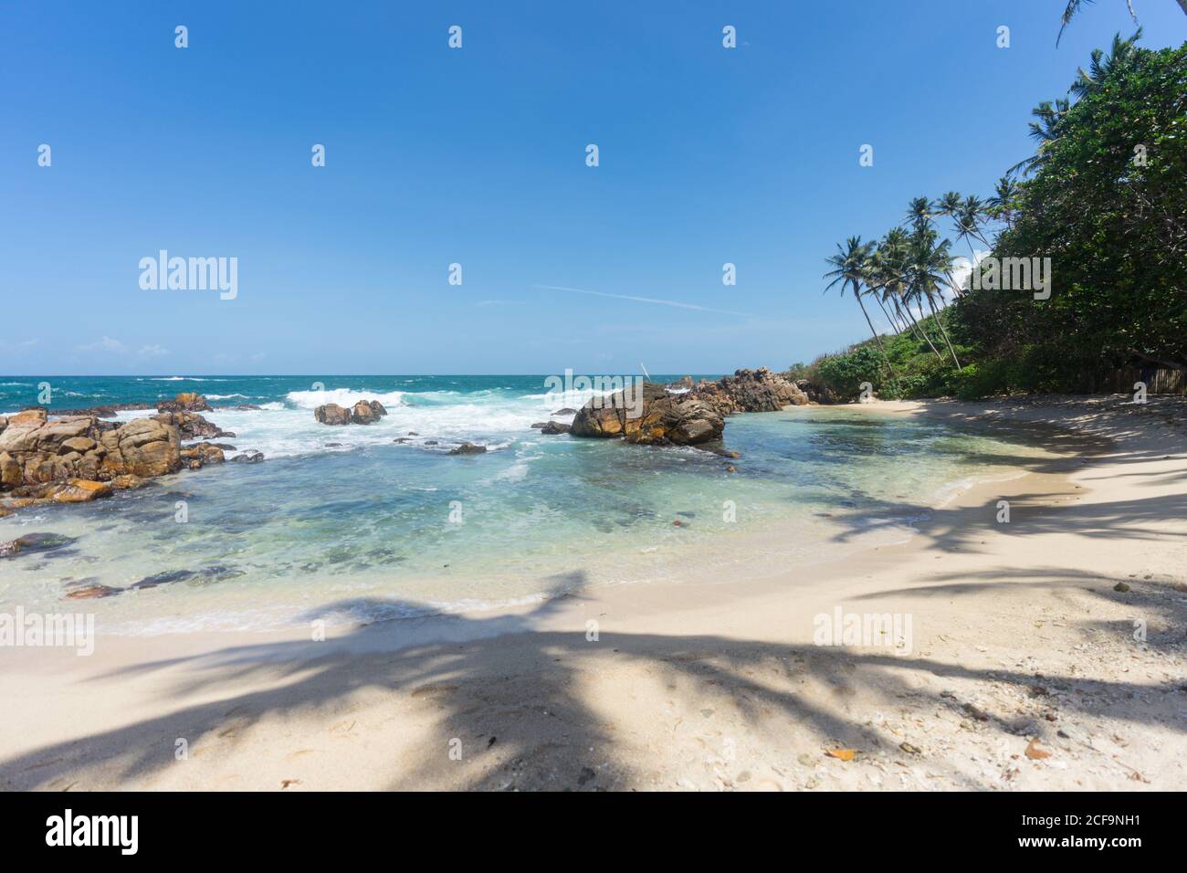 Plage de sable tropical vide avec des rochers dans le lagon turquoise et Plantes vertes exotiques sous ciel bleu clair à Mirissa Sri Lanka Banque D'Images