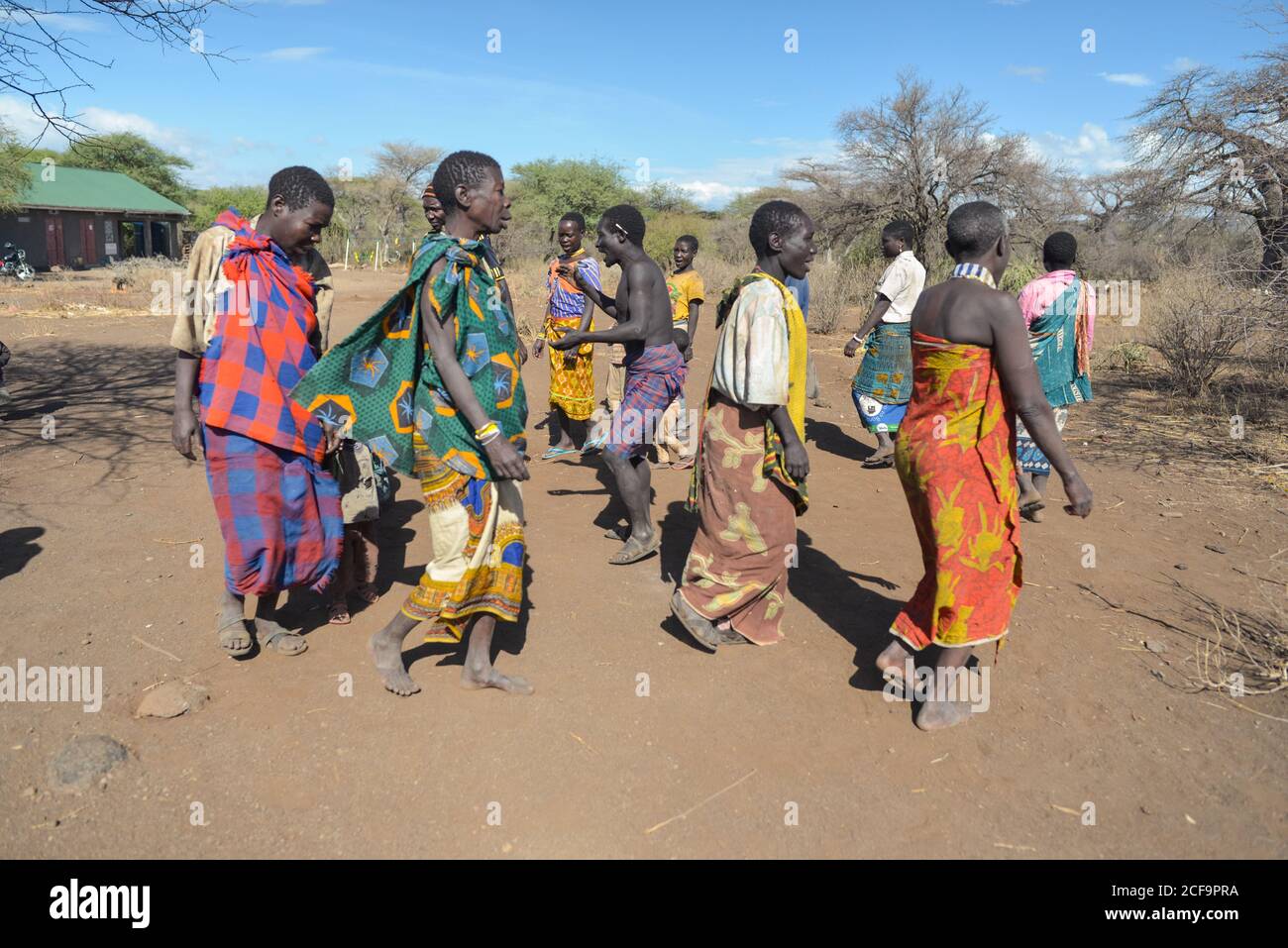 Tanzanie, Afrique de l'est - novembre 2016 : les citoyens africains locaux en vêtements traditionnels colorés dansant et chantant à la campagne de la Tanzanie Banque D'Images