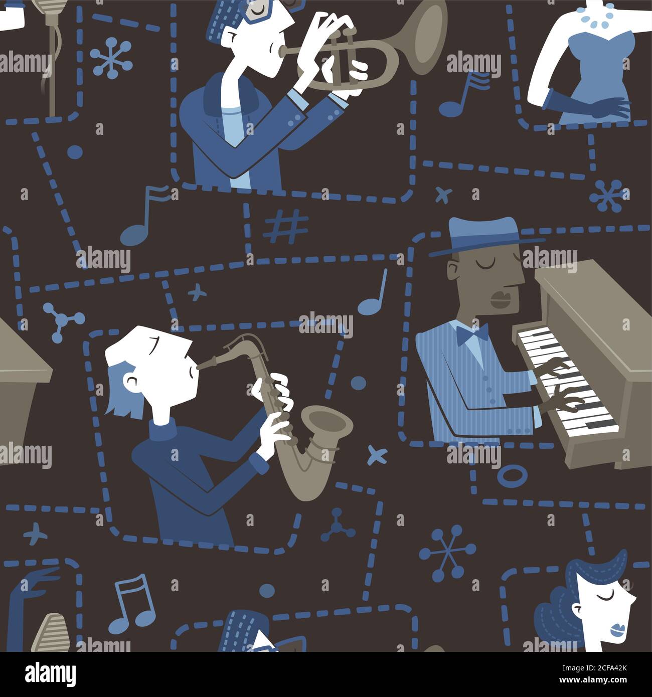 Motif vectoriel sans couture. Fond fait avec des illustrations de style rétro de divers musiciens de jazz. Illustration de Vecteur