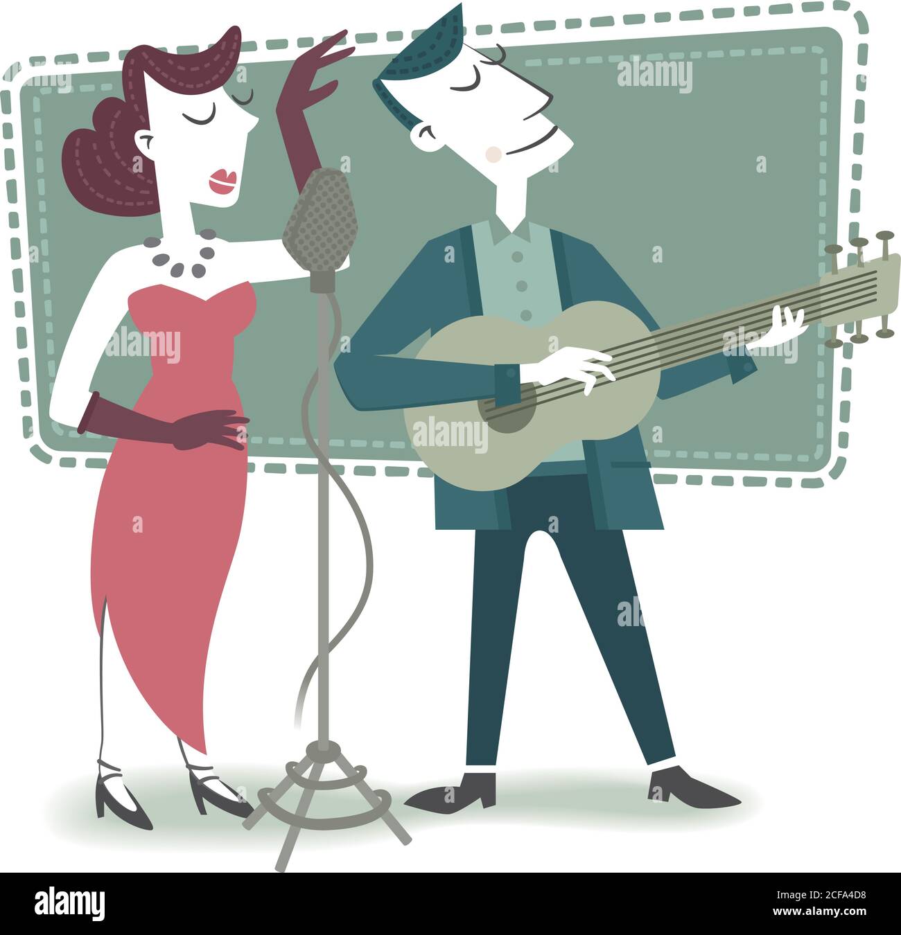 Illustration de style rétro d'un homme avec guitare accompagnant une chanteuse. Illustration de Vecteur