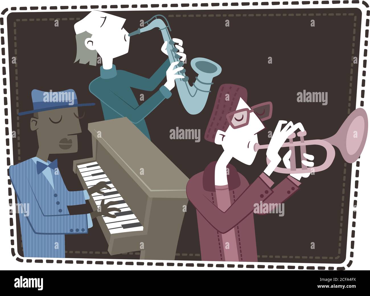 Illustration de style rétro de plusieurs musiciens de jazz jouant leurs instruments. Illustration de Vecteur