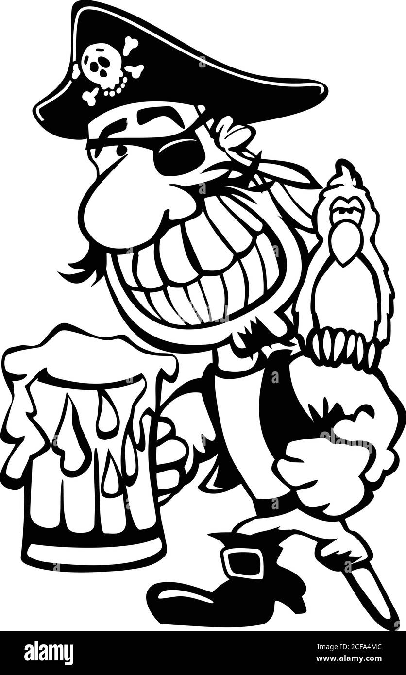 Caricature de fête Pirate boire de la bière avec perroquet et pied de cheville Illustration du vecteur isolé Illustration de Vecteur
