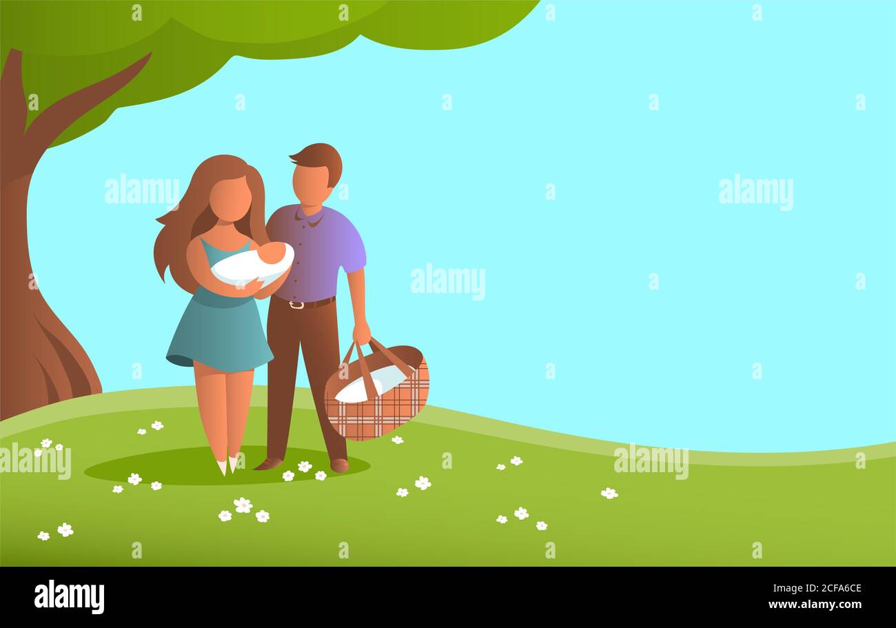 Jeunes Parents Avec Un Bebe Dans Leurs Bras Belle Maman Et Papa Sont Debout Dans Des Vetements D Ete Sous Un Arbre Vert Place Pour Votre Texte Dessin Anime Vectoriel Photo Stock