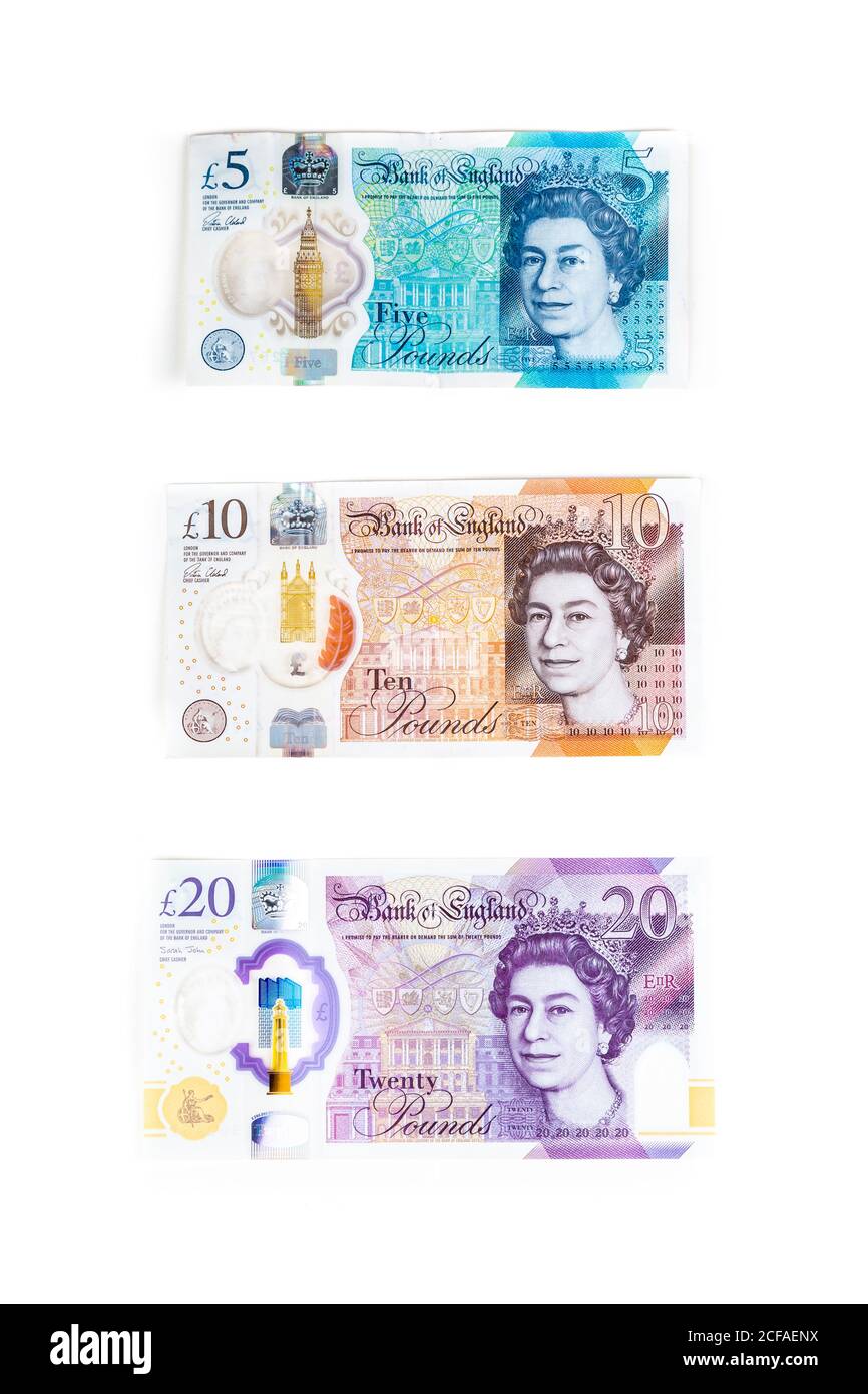 Nouvelles notes de livre britannique en polymère 5, 10 et 20 Banque D'Images