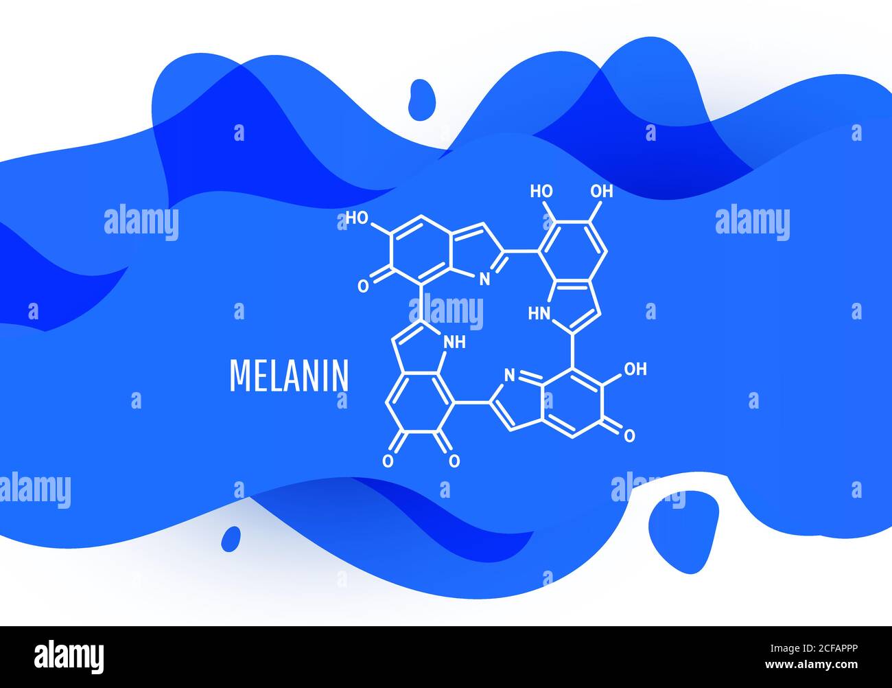 Formule chimique structurale de mélanine avec gradient de liquide bleu forme avec espace de copie sur fond blanc Illustration de Vecteur