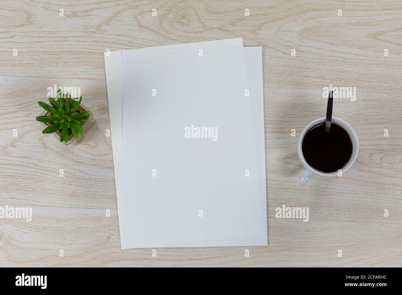 Feuille blanche entourée d'une plante et d'un café sur une table en bois Banque D'Images