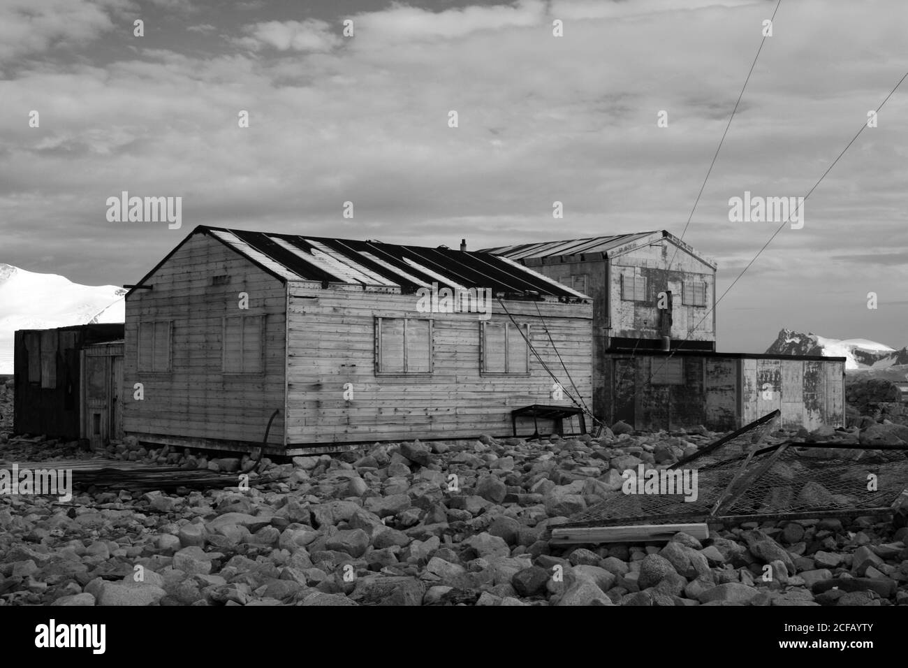 Anciennes casernes de Stonington Island, Antarctique Banque D'Images