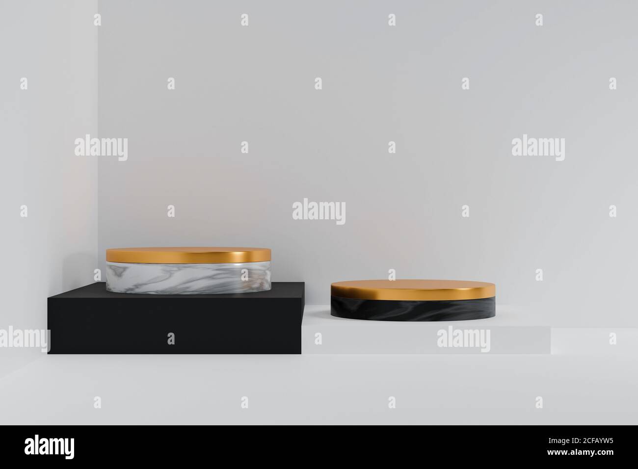 la 3d rend deux podiums en marbre vides sur un support noir et blanc. Conception géométrique minimaliste abstraite pour les maquettes de présentation de produits. Banque D'Images