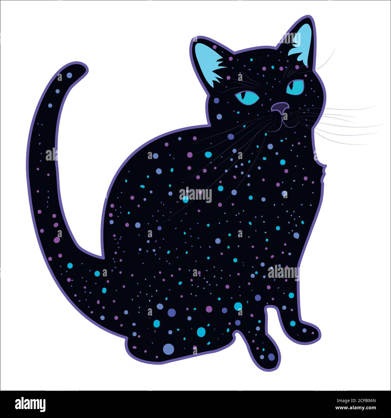 Mignon drôle cosmique psychédélique silhouette chat isolé sur fond blanc. Design coloré lumineux chat surréaliste, étoile sur le corps. Illustration de Vecteur