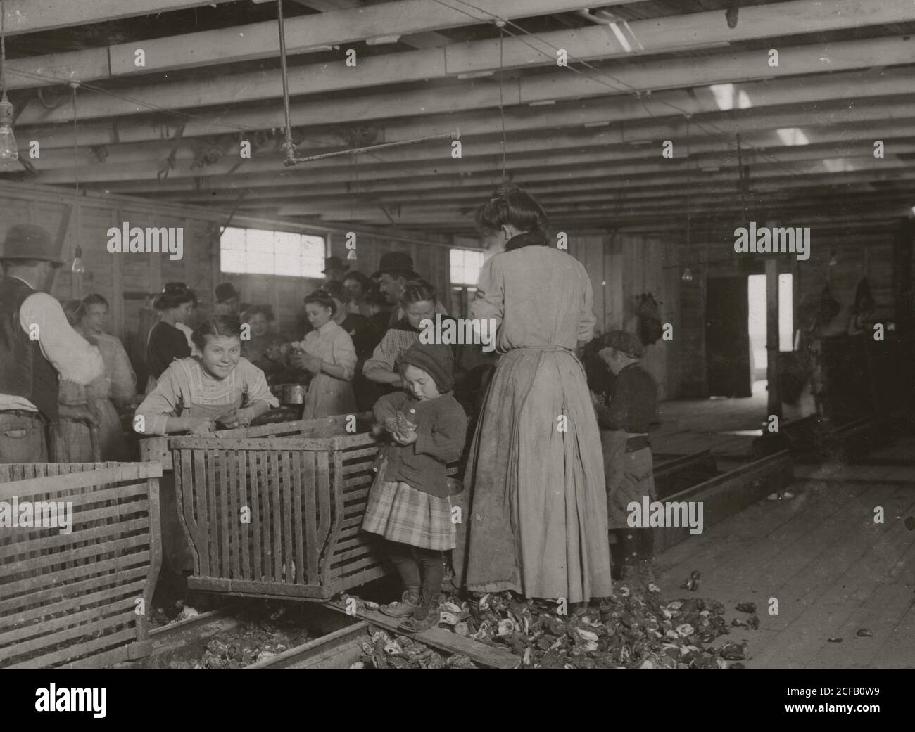 Quatre ans, Marie, qui deux pots d'huîtres cosses une journée à Dunbar. Banque D'Images