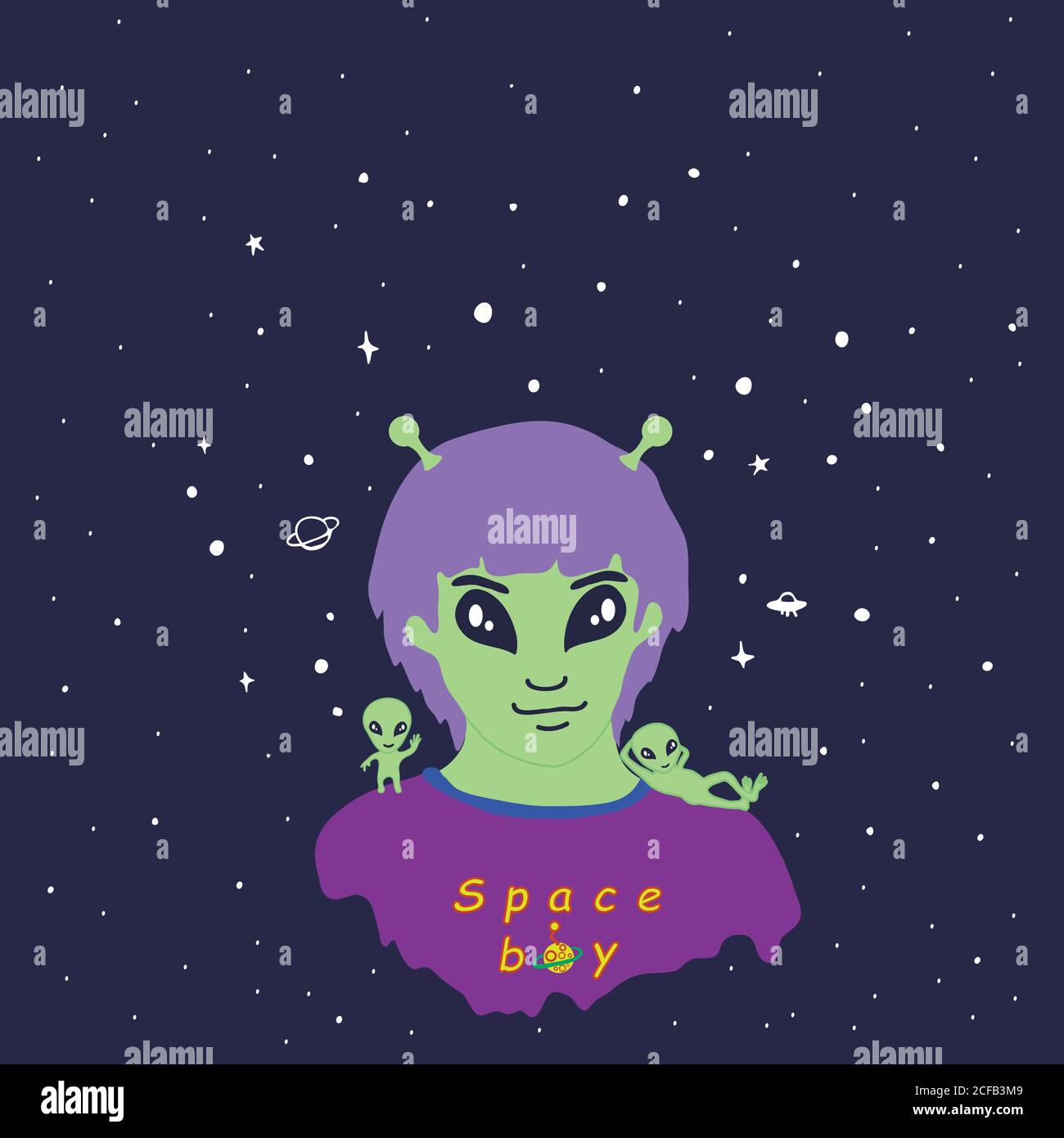 Espace drôle de type étranger, antenne, cheveux violets, peau verte, et deux Illustration de Vecteur