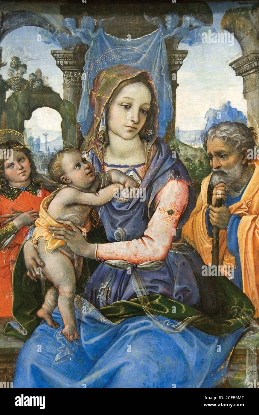 Madonna et l'enfant avec Saint Joseph et un Ange Banque D'Images