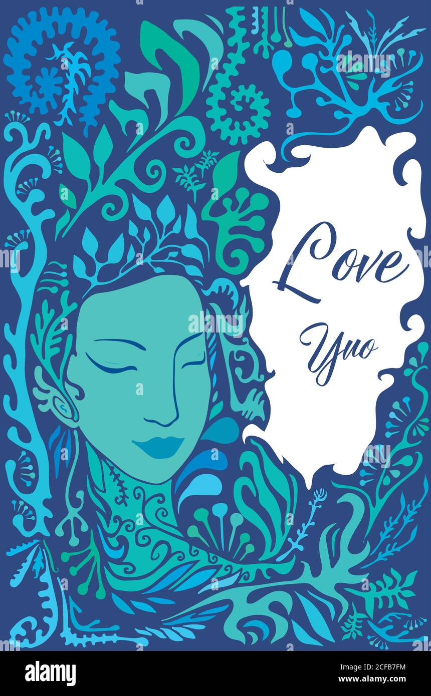 Fantaisie, dessin animé, visage de fille dans le feuillage, fleur, branche, isol Illustration de Vecteur