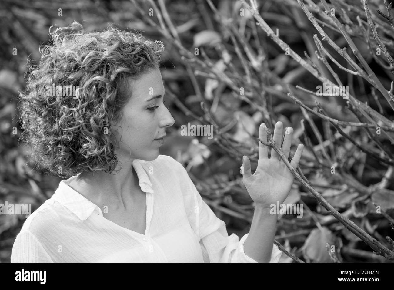 Jeune femme charmante attrayante regardant des branches sèches d'arbuste sur fond flou Banque D'Images