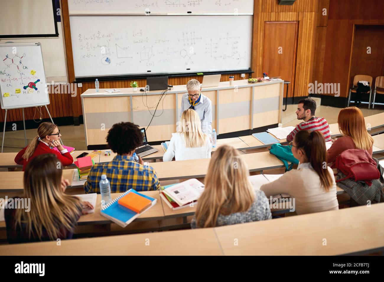 Étudiants avec une enseignante en amphithéâtre Banque D'Images