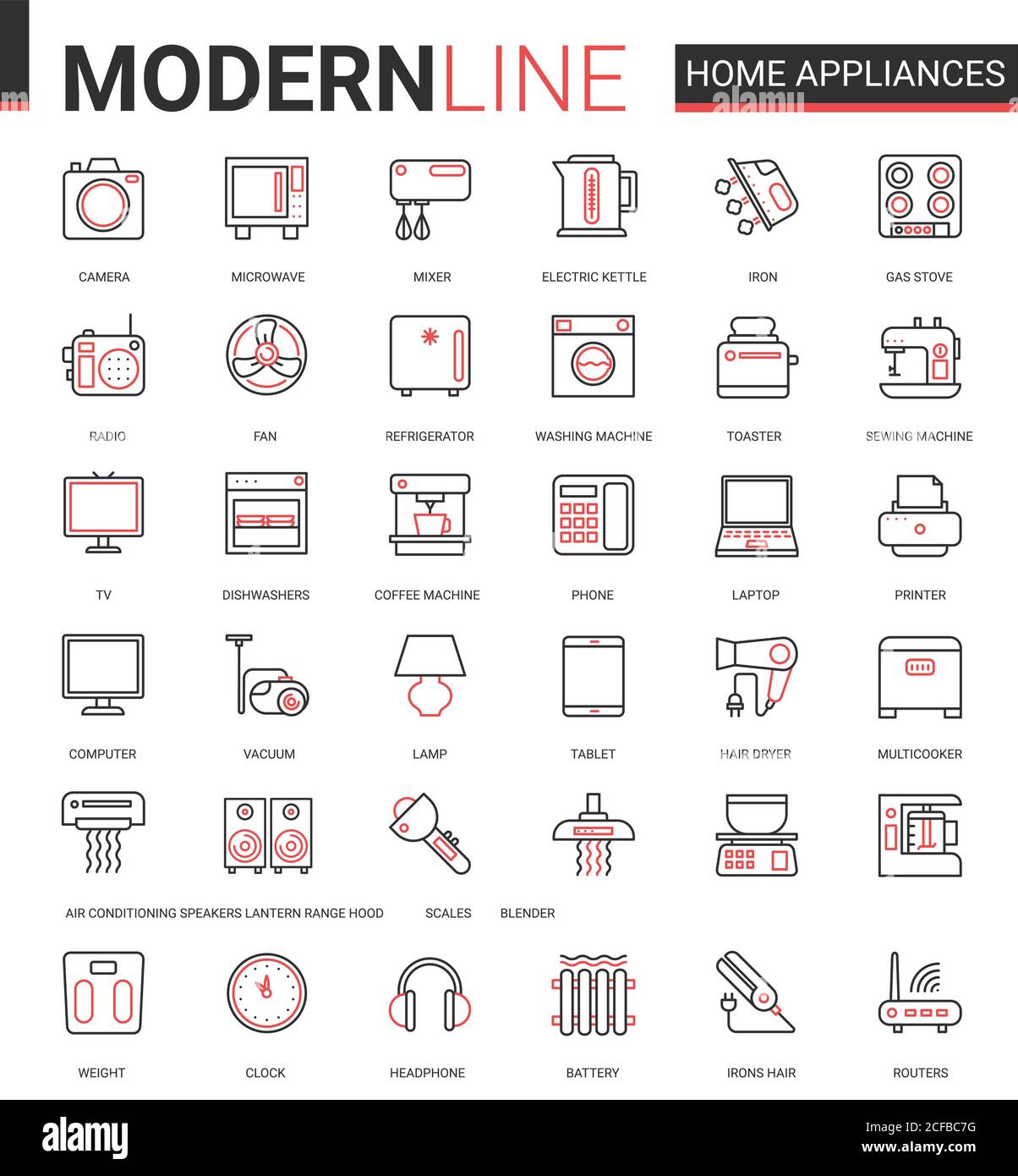 Jeu d'illustrations vectorielles d'icônes à lignes plates pour appareils ménagers. Symboles linéaires fins noirs rouges pour le nettoyage de la maison, la cuisine ou la salle de bains articles ménagers, les cheveux soins du corps et les gadgets électroniques collection de contour Illustration de Vecteur