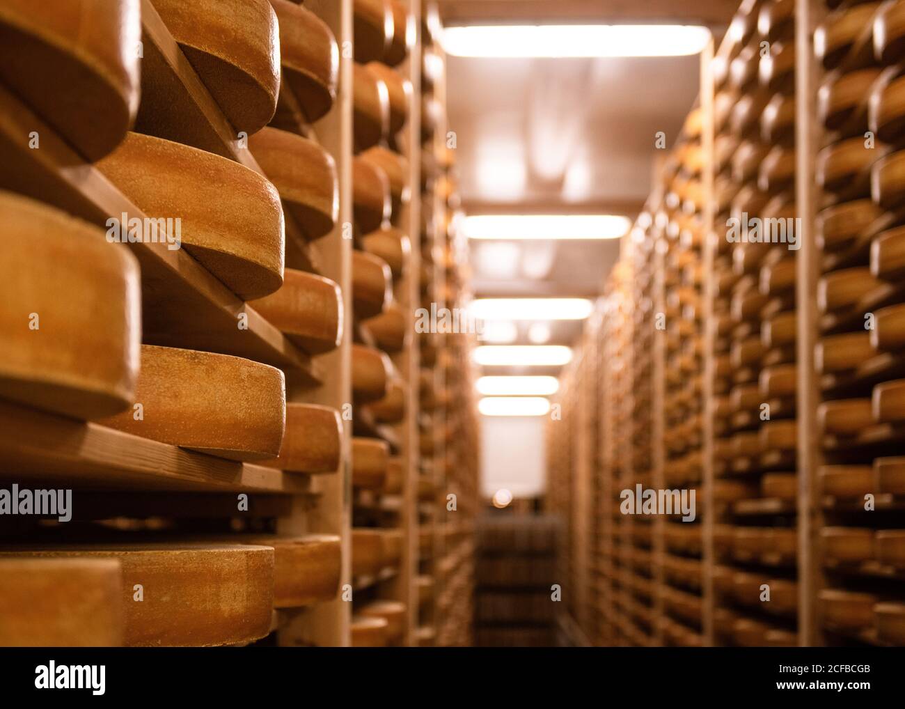Fromage Gruyere sur les étagères de l'Etivaz, Suisse Banque D'Images