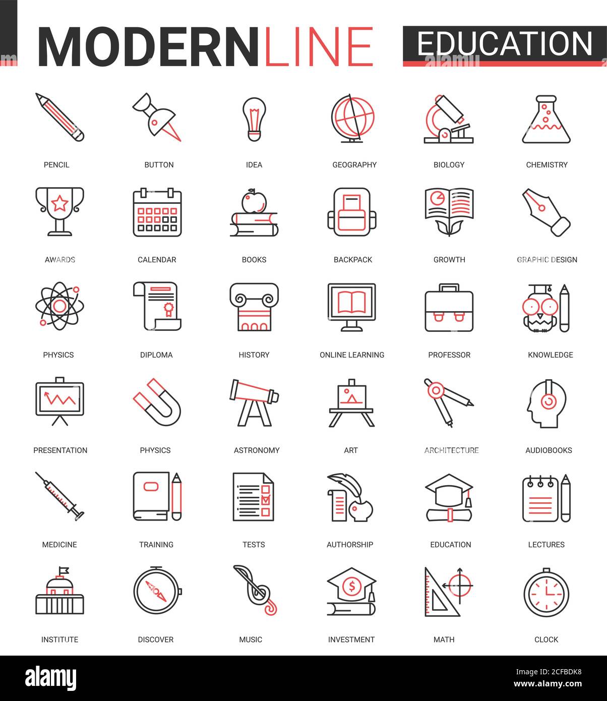 Jeu d'illustrations vectorielles d'icônes rouges fines et plates pour l'enseignement avec infographie pour l'école, le laboratoire ou l'université, symboles éducatifs, équipements d'expériences de laboratoire, livres scolaires et papeterie Illustration de Vecteur