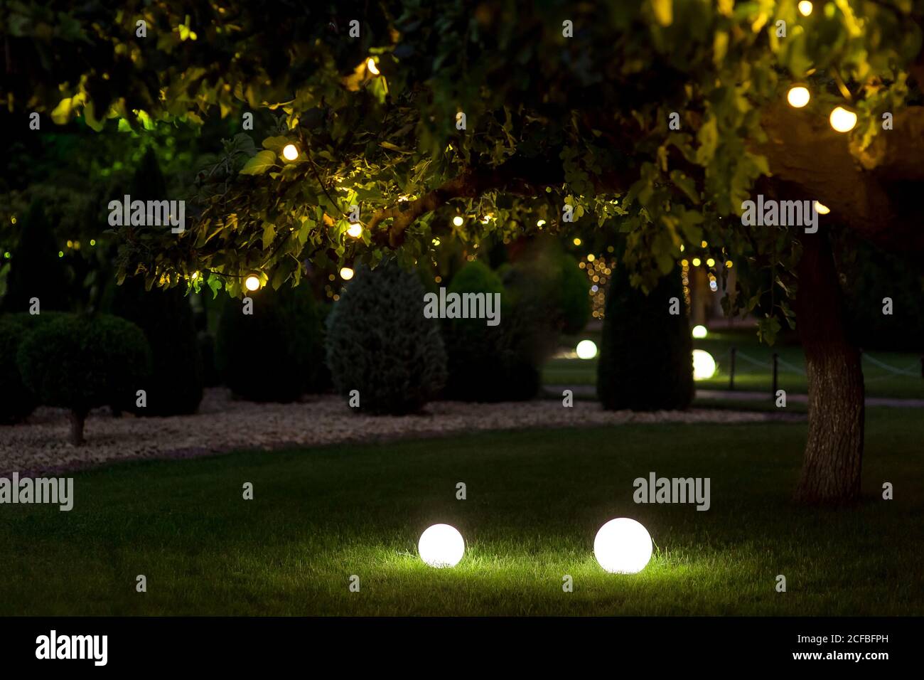 éclairage jardin lumière de cour avec lanterne électrique de terre avec diffuseur de lampe ronde avec guirlande d'ampoules sur branche d'arbre avec des feuilles, sombre Banque D'Images