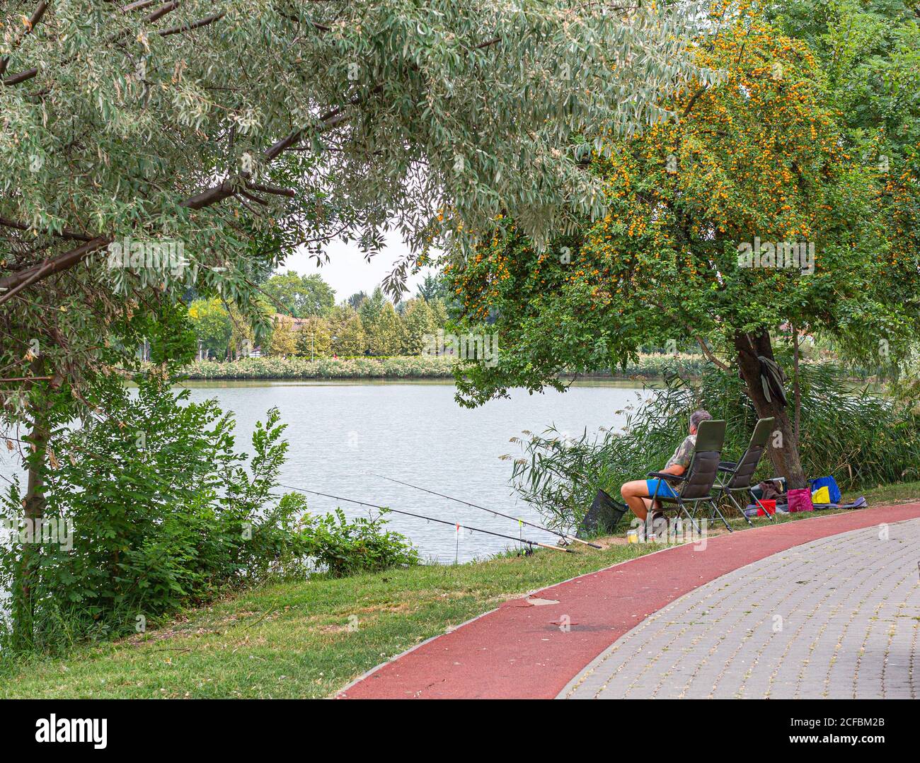 Pêche de pêcheur au lac assis sur une chaise sous le cerisier prune. Deux cannes à pêche montées sur le support et installées sur la rive d'un lac. Beaut Banque D'Images