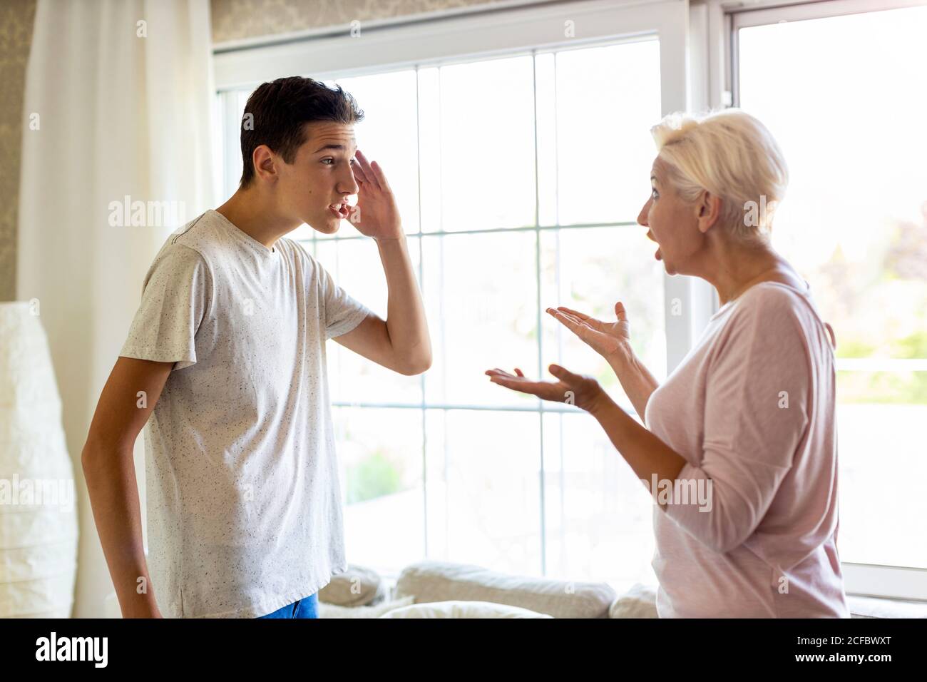 Mère et son fils se disputant à la maison Banque D'Images