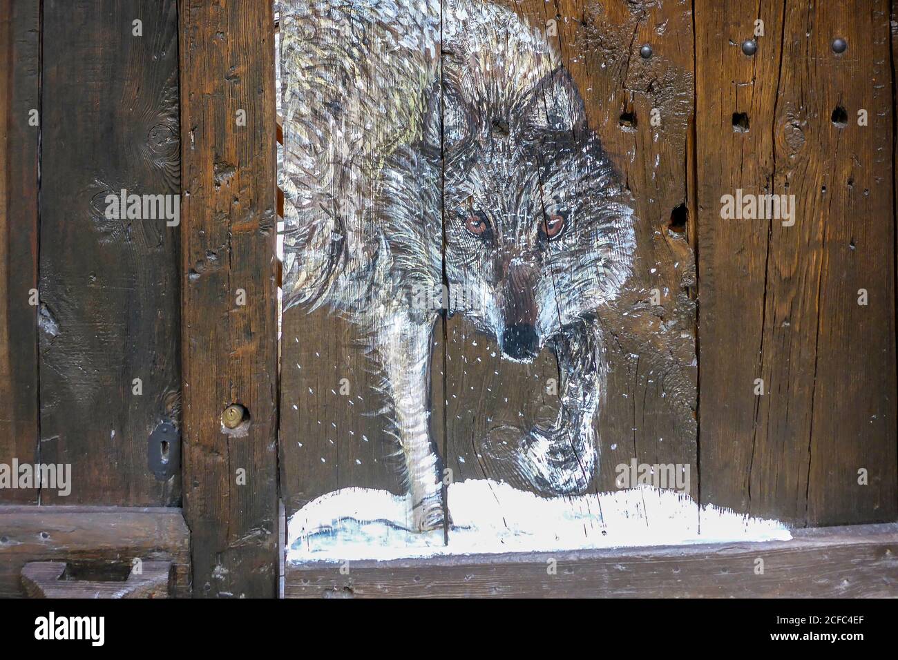 Italie, Piémont province de Cuneo, Alpes cottiennes, Valle Maira massif Dora-Maira, Chiappera ski tour, cabane, mur en bois peint, loup Banque D'Images