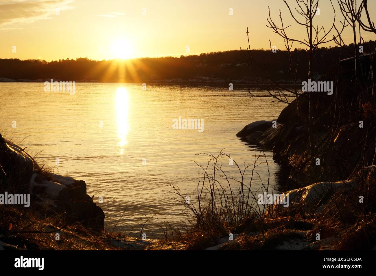 Bois tranquille avec rochers au lac en rayons du soleil Banque D'Images