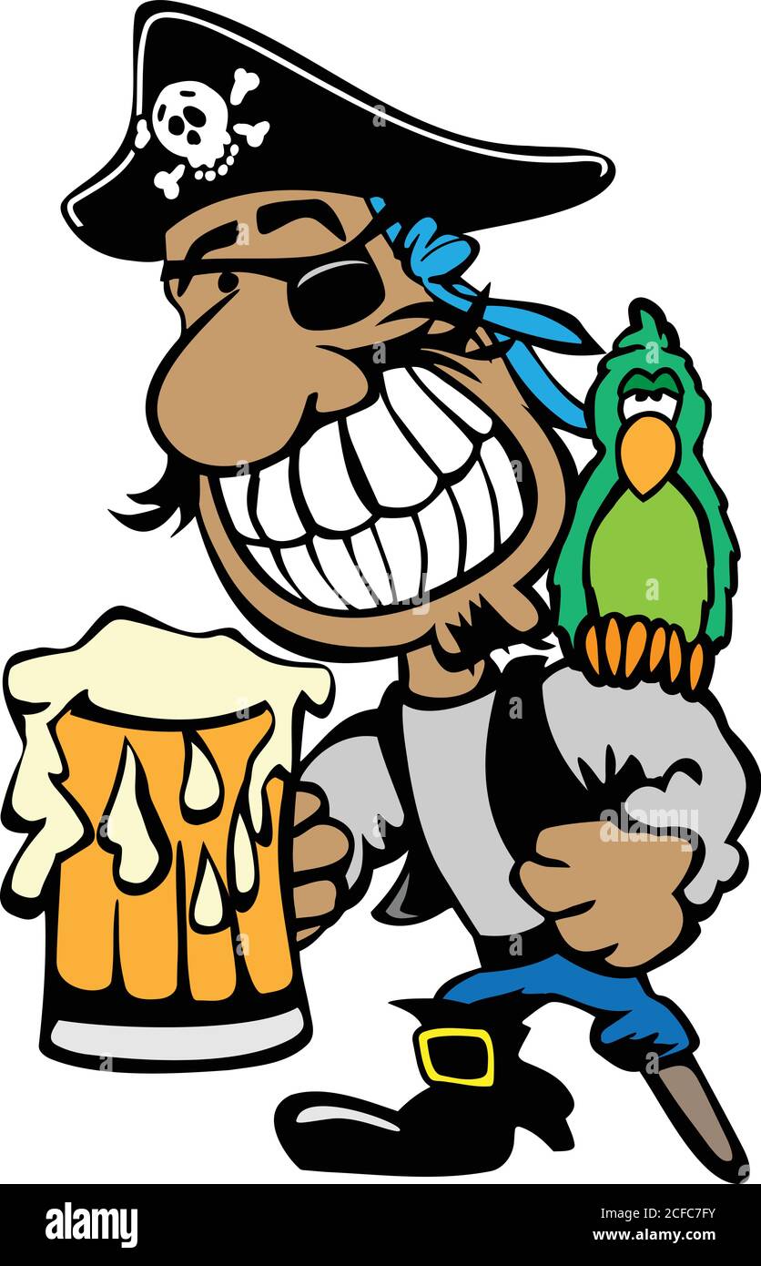 Caricature de fête Pirate boire de la bière avec perroquet et pied de cheville Illustration du vecteur isolé Illustration de Vecteur
