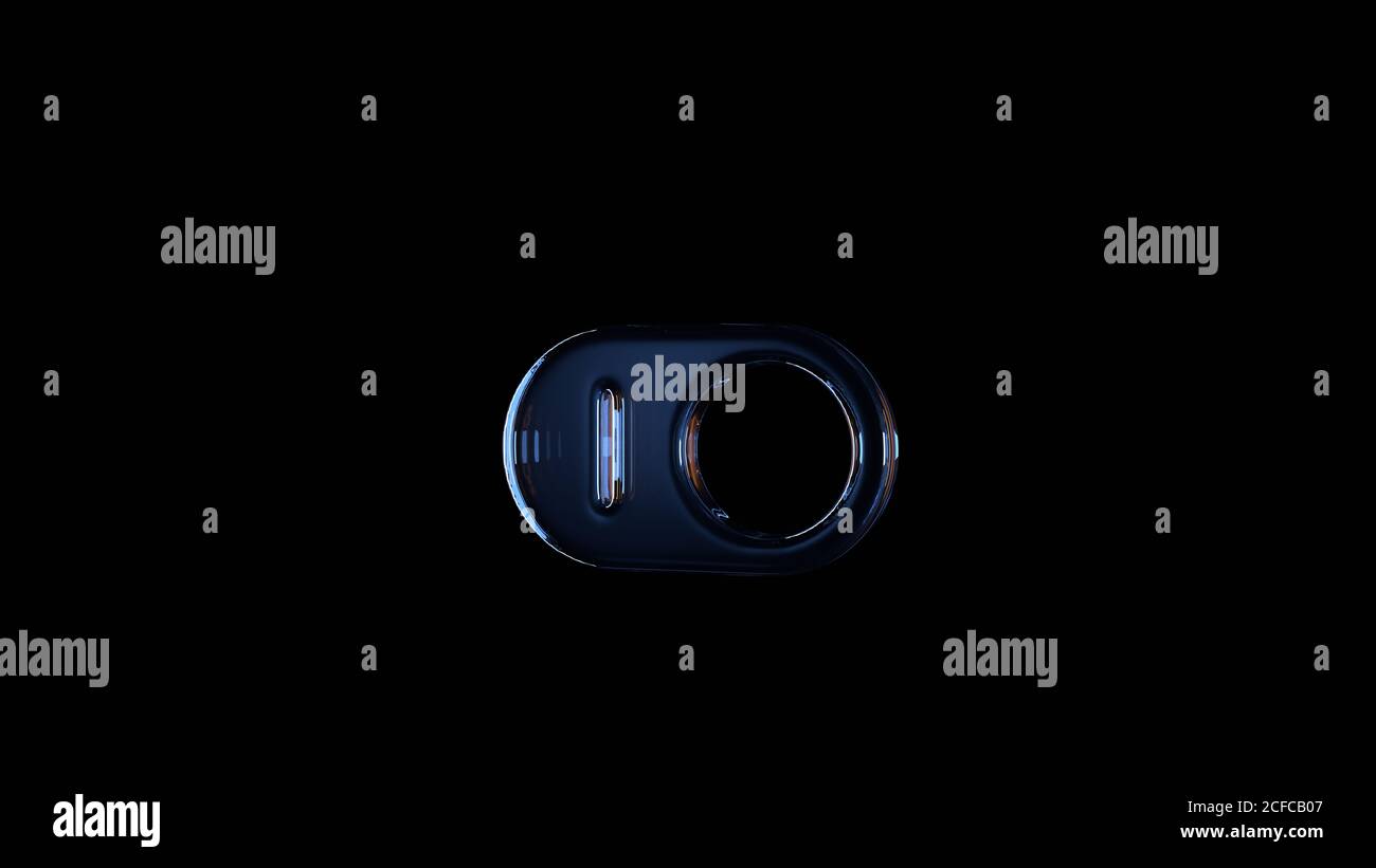 symbole de verre de rendu 3d du bouton de commutation sur isolé sur activé arrière-plan noir avec reflet bleu clair et orange Banque D'Images