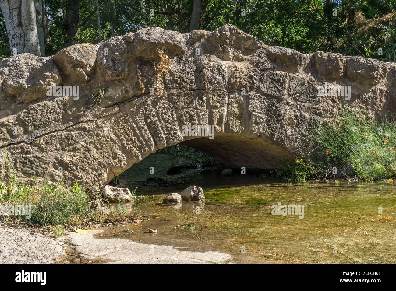 Petit pont médiéval en pierre sur un ruisseau à Loarre Espagne Banque D'Images